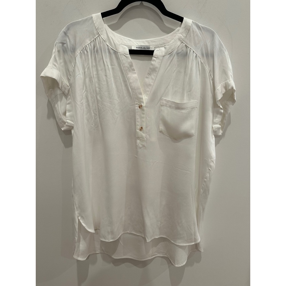Rose + Olive White Short Sleeve Henley Blouse XL High Low V-Neck Pocket Top